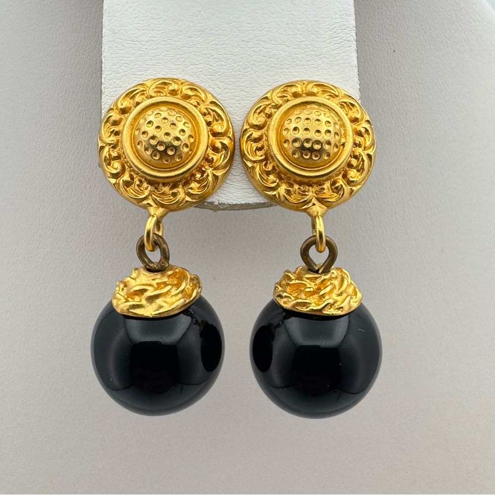 Vintage Gold Tone Black Bead Drop Earrings Elegant Statement
